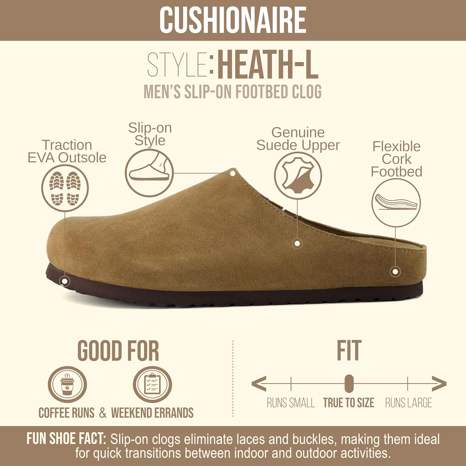CUSHIONAIRE Heath Genuine Suede Leather Mens Clogs with Memory Foam Comfort, Easy Slip On Slides for Men