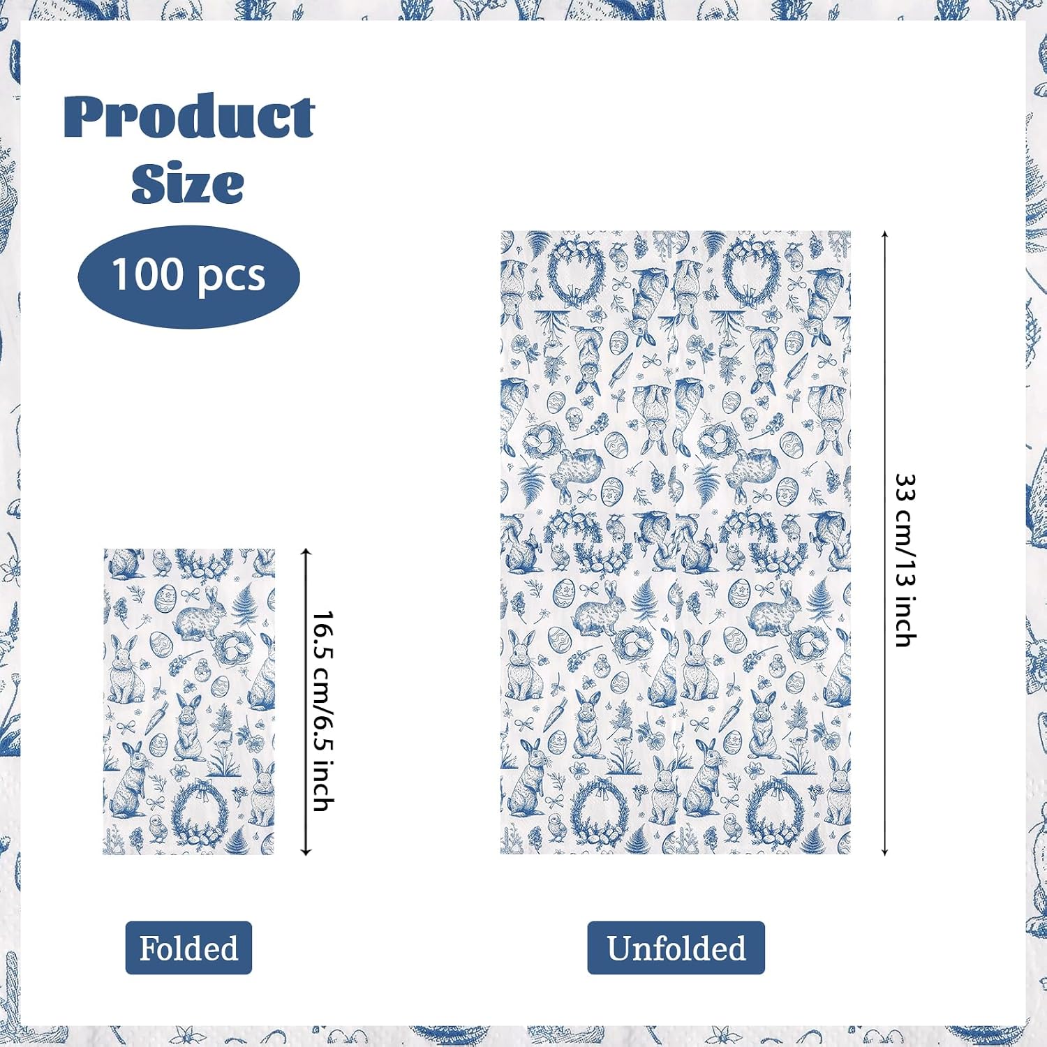 100 Pcs Bunny Rabbit Paper Napkins 3 Ply Retro Blue Egg Flower Disposable Absorbent Hand Towels Chinoiserie Bunny Blue White Easter Guest Napkins for Spring Birthday, Baby Shower Supplies