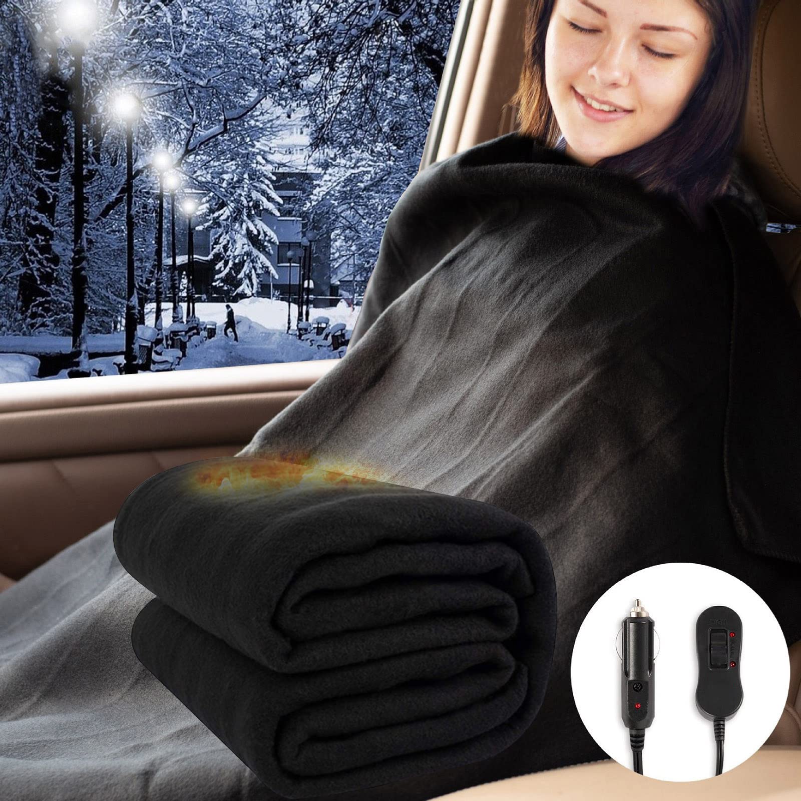 Manta eléctrica para coche, 12 V, manta de viaje con calefacción eléctrica, 3 niveles de temperatura ajustable, ligera, portátil, manta eléctrica para coches, para clima frío y camping, para dormir