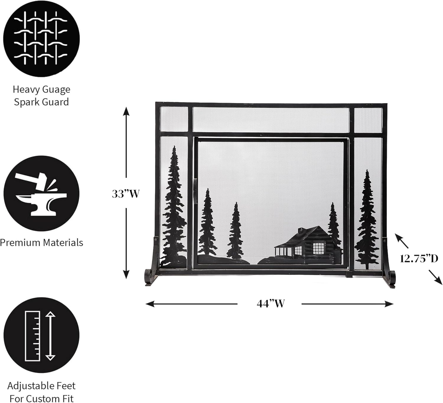Plow & Hearth Metal Fireplace Screen Cabin Black | 44" W x 33" H | Magnetic Hinged Door | Spark Guard Cover | Stand Alone Wrought Iron Panel Fire Place Cover