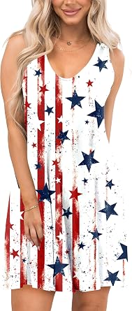 AOBUTE Women 4th of July Sleeveless Cover Up Dress Patriotic V Neck Dresses