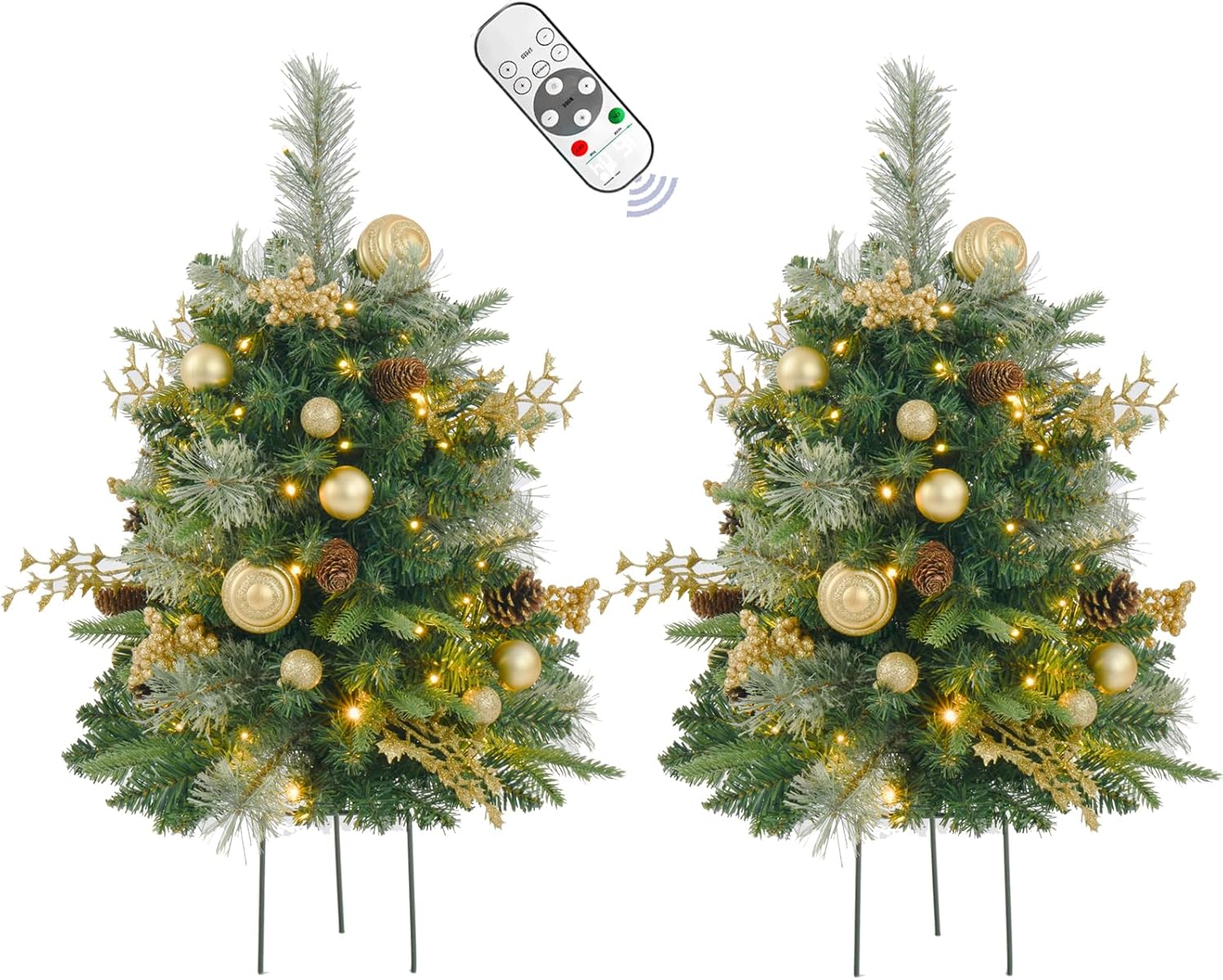2 Pack Prelit Outdoor Christmas Tree 30 Inch, Remote Control Battery Operated with 100 Warm White Multi-Color Changing LED Lights, Small Pre-Decorated Green Xmas Tree for Pathway, Porch Gold 2ft 6in