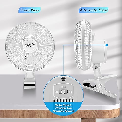 Vista 8 de Comfort Zone Ventilador portátil de clip con inclinación totalmente ajustable, eléctrico, de 6 pulgadas, silencioso, para interiores, 2 velocidades
