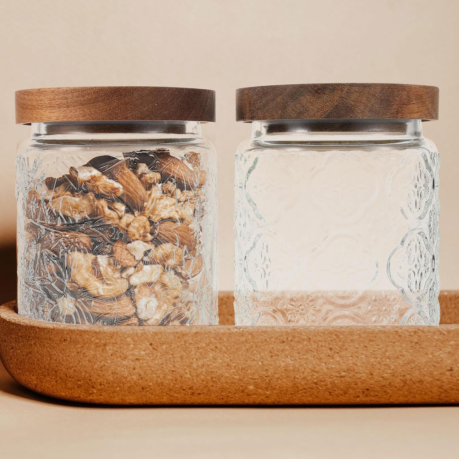 2pcs Glass Storage Canisters with Airtight Wooden Lids, Food Jars for Candy, Snacks, Tea, and Grain Organization in Kitchen Pantry