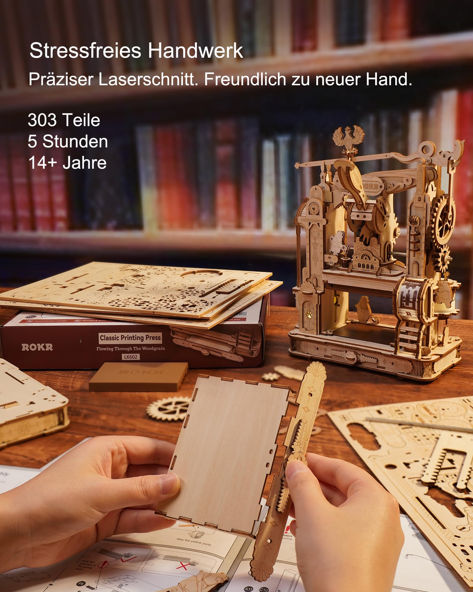 ROKR 3D Puzzle Holz Holzpuzzle Erwachsene 3D, Klassische Druckmaschine Holzmodelle Bausätze, Mechanische Getriebe, Classic Printing Press