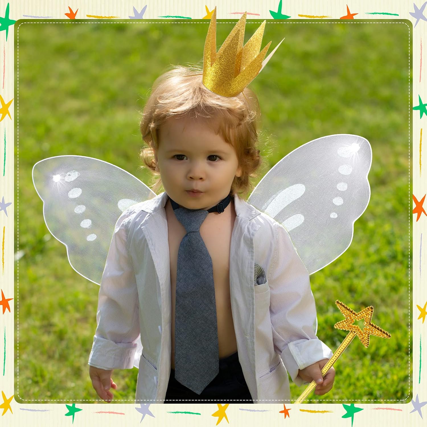 Sratte 6 Pcs Halloween Girls Fairy Costume Set, Fairy Wings Dress Up Wings Star Wand and Gold Crowns, Halloween Costume Dress Up Accessories 13 Inches Gold Wand Party Crowns Birthday Decorations