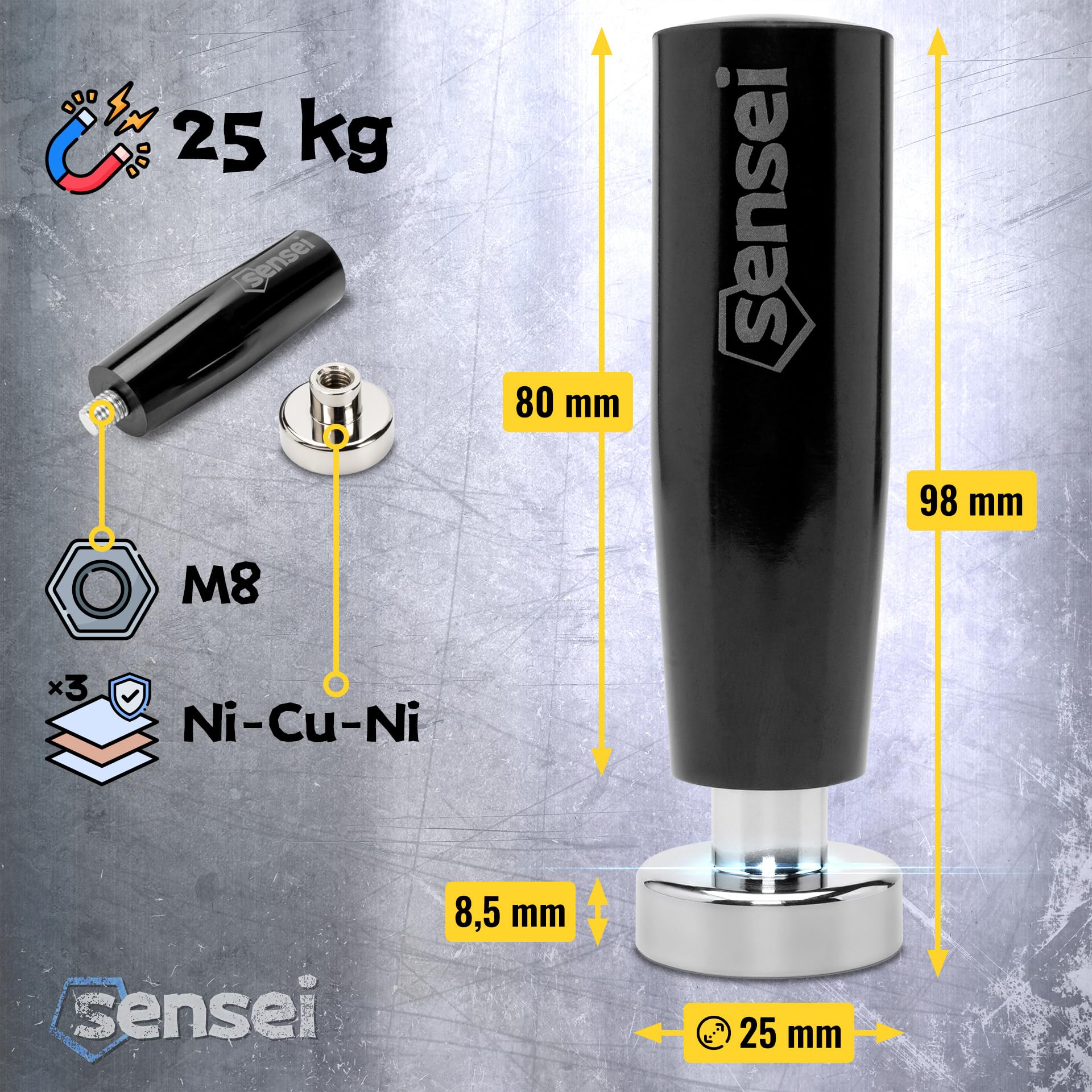 SENSEI® Magnete al Neodimio Potente con Manico – Ø 25 mm, Forza di Attrazione 25 kg, Calamita Filettata M8 per Officina e Industria