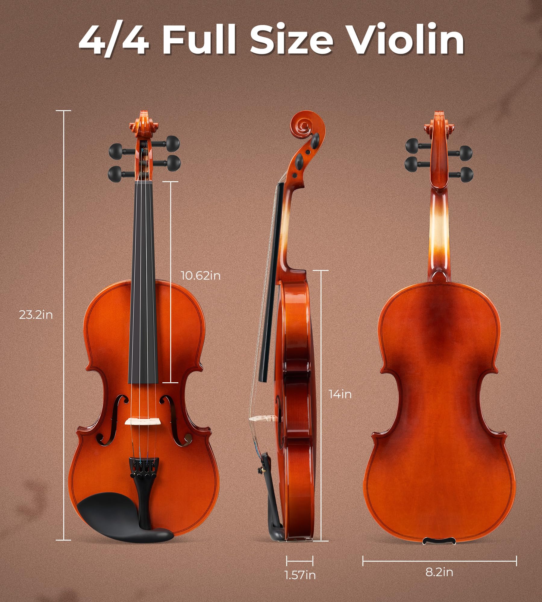 Vangoa Kit violino 4/4 di dimensioni standard per principianti, violino per bambini, adolescenti, età 9+ set di violino con custodia rigida, colofonia, arco, corda, spalliera, guida per tastiera,