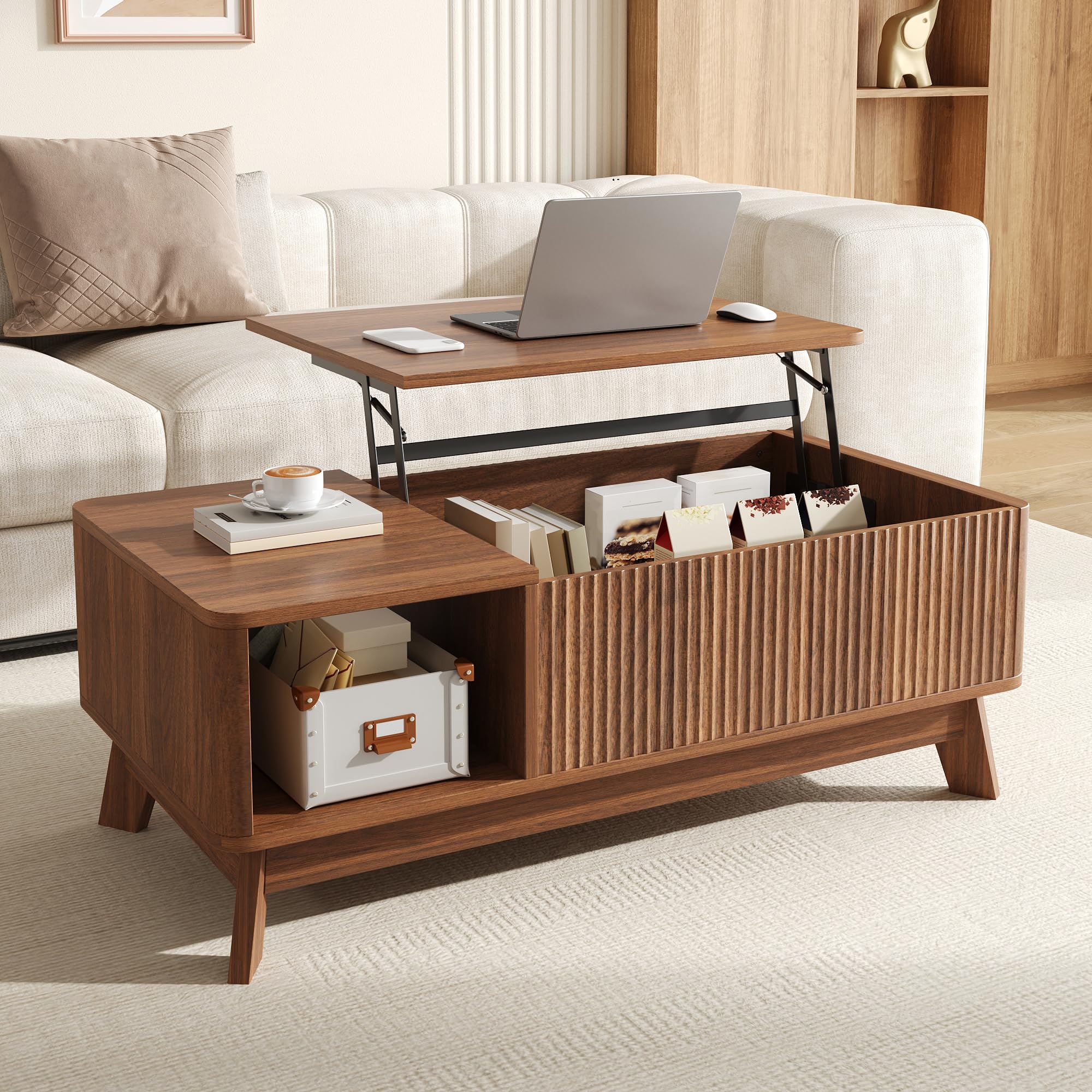 Merax Lift Top Coffee Table, Height Adjustable Coffee Table with Hidden Storage & Open Side Compartment, 3D Wave Design, Modern Living Room Table, 95 x 48 x 50 cm, Walnutcolor