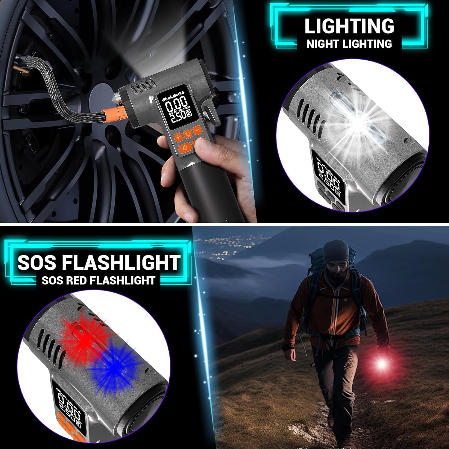 Images demonstrating the night lighting and SOS red flashlight functions of the WINWEND Portable Air Compressor.