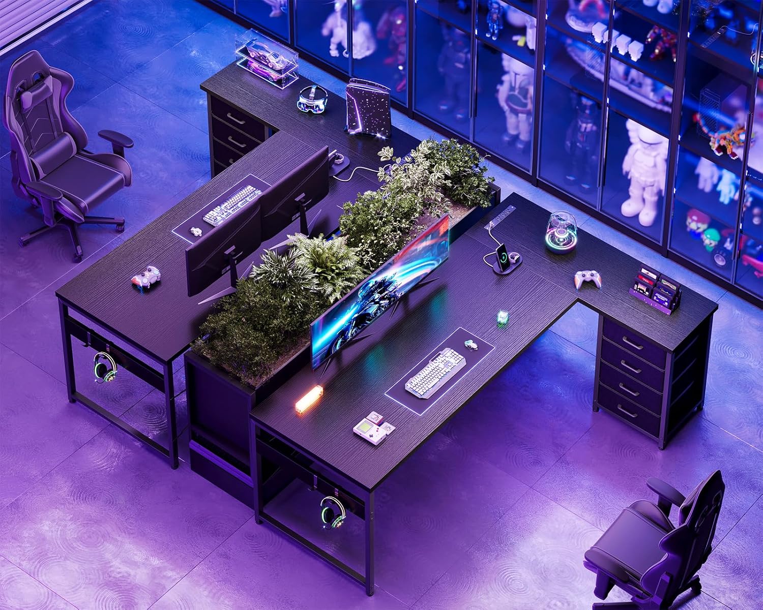 AODK L Shaped Gaming Desk with 4 Drawers, 67" Reversible Home Office Desks with Power Outlets, L Shaped Computer Desk with USB Charging Port and Host Stand, Corner Desk, Easy to Assemble, Black