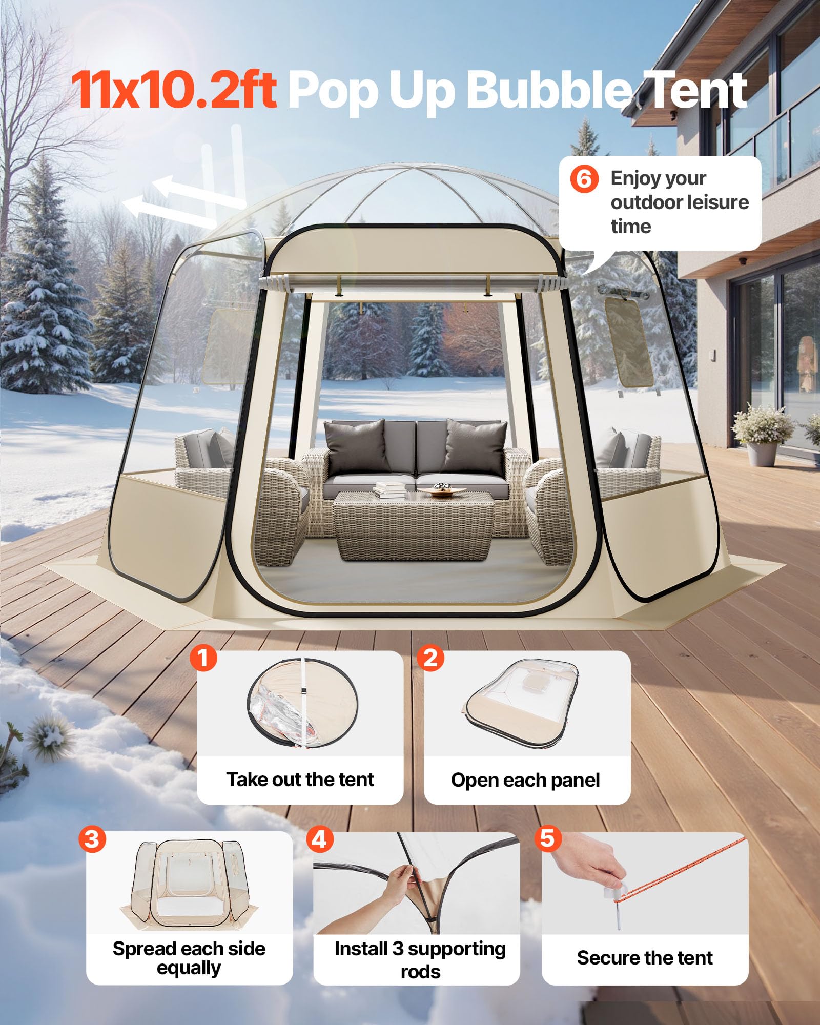 VEVOR Pop-up-Bubble-Zelt, 336x305x220 cm, transparentes Campingzelt, Garten-Kuppel-Iglu-Zelt mit Fenstern, 540°-Panoramablick, für 8–10 Personen, Terrasse, Hinterhof