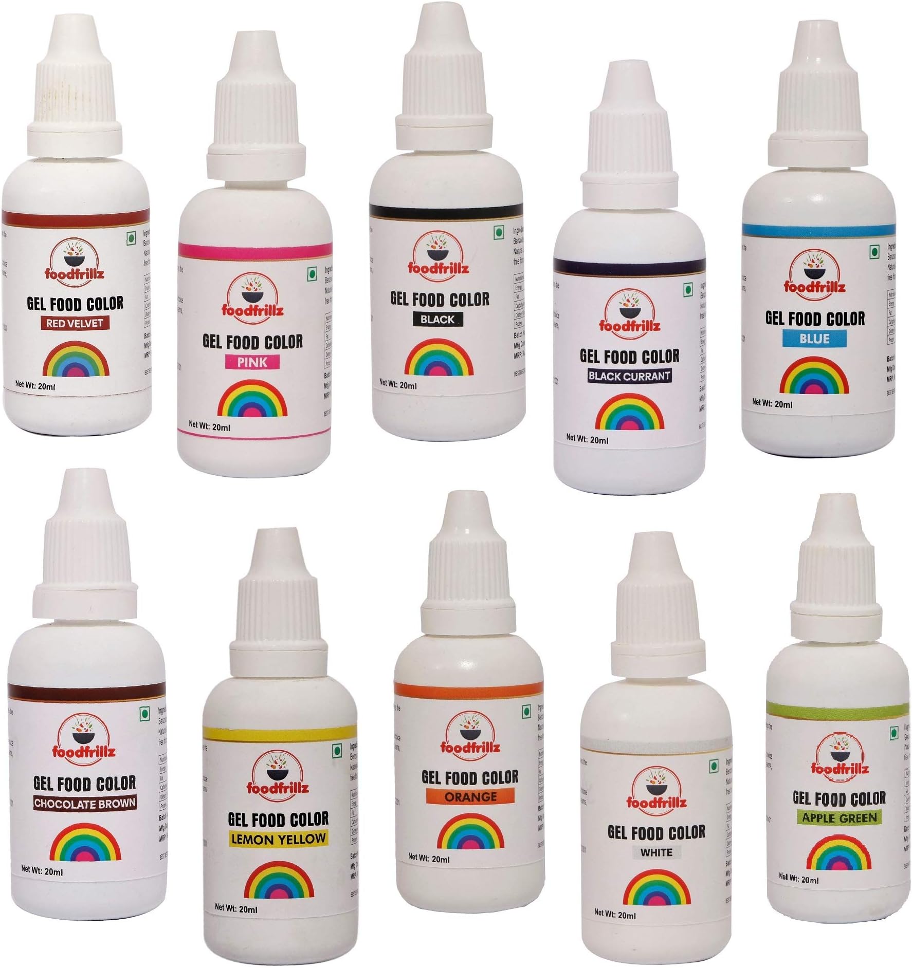 - foodfrillz Gel Food Color, Set of 10, 20 ml each (Red velvet, Apple Green, Lemon Yellow, Pink, Blue, Black, Brown, White, Orange, Purple) Food Color for decoration