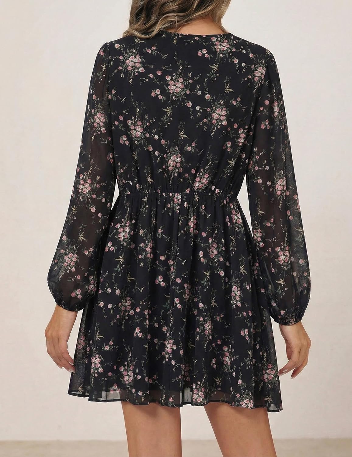 DERAX Women's Boho Floral Mini Dresses Fall V Neck Chiffon Long Peasant Sleeves 2026 Spring Short Dress - Image 3