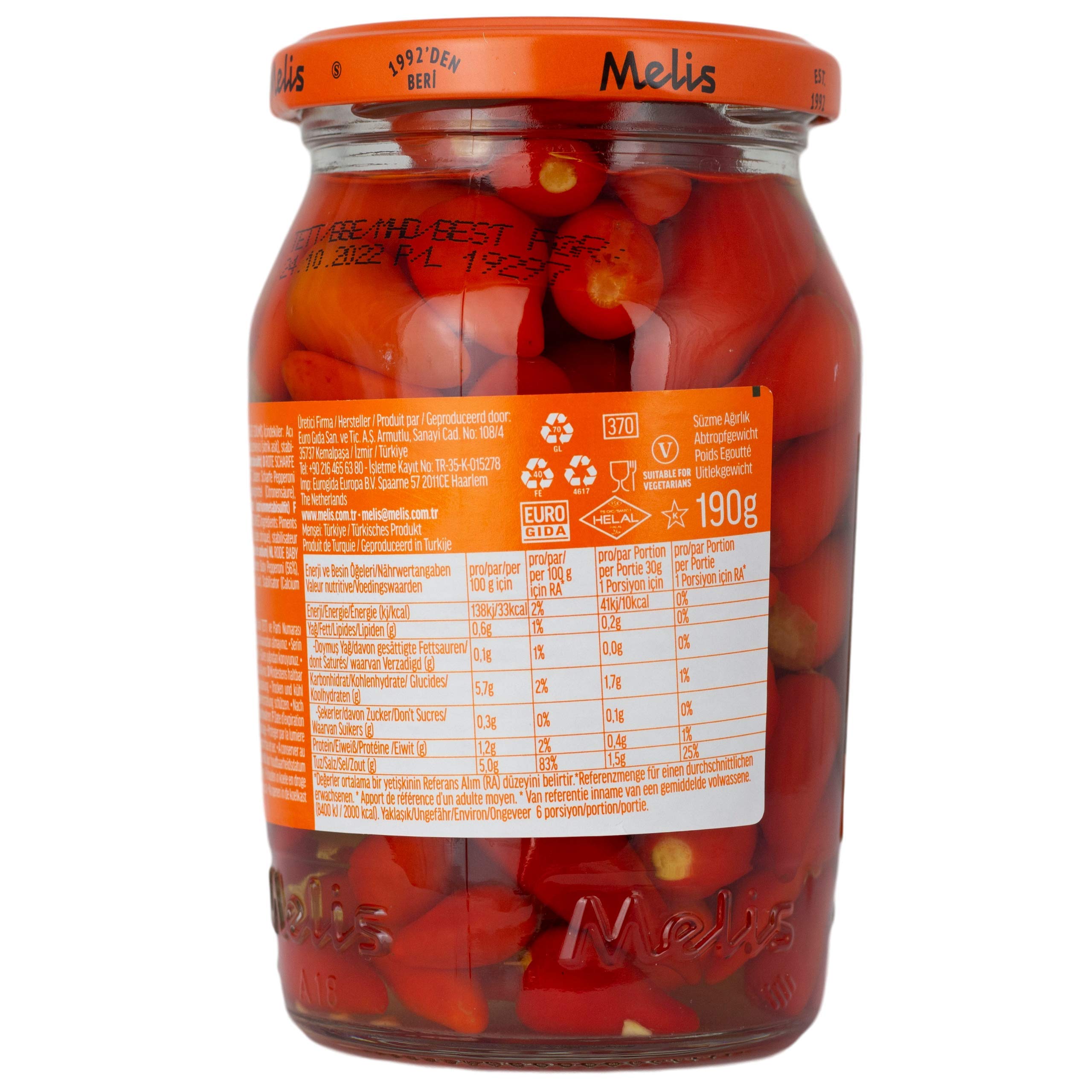 Melis - Kleine scharfe rote Peperoni eingelegt in Salz - Branntweinessiglake (scharf) - Türkische Delikatesse im 4er Set á 335 g Glas