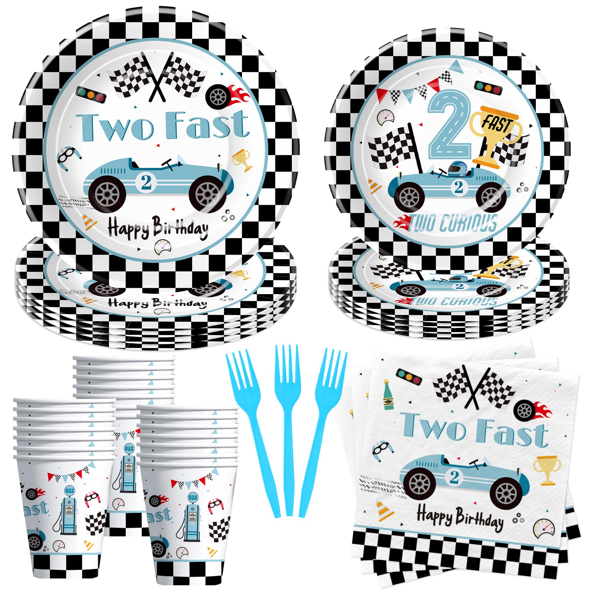 Race Car Two Fast Party Tableware - Racing Car 2nd Birthday Supplies, Paper Plate, Cup, Napkin, Fork, Blue 2 Fast 2 Curious Decorations | Serve 24