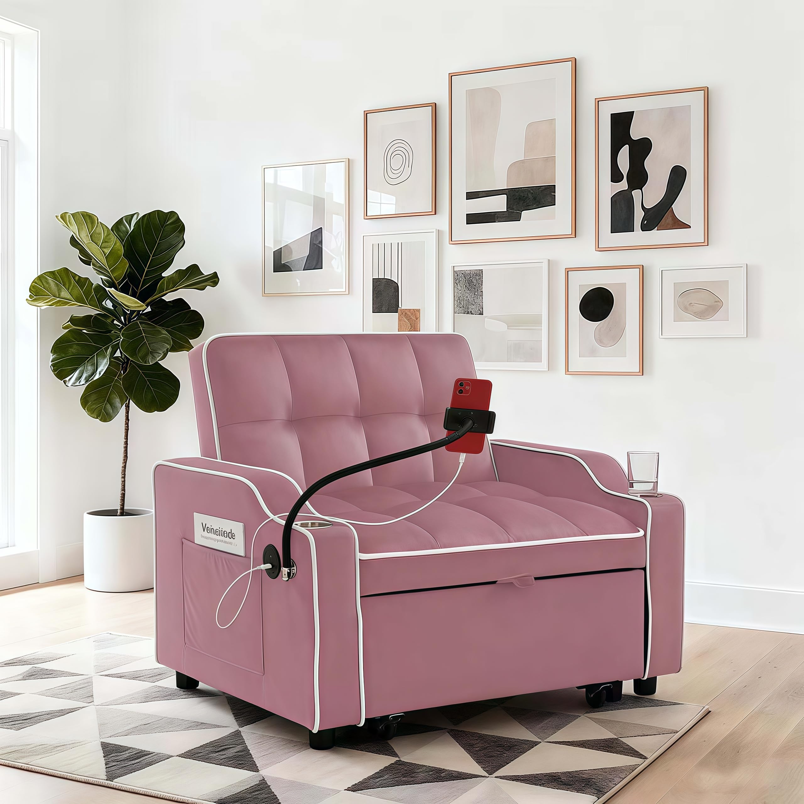 Convertible Armchair Sofa Bed with USB Port & Phone Holder, Pull-Out Single Chair Bed Sleeper for Small Spaces, Modern Upholstered Recliner Chair (Pink)