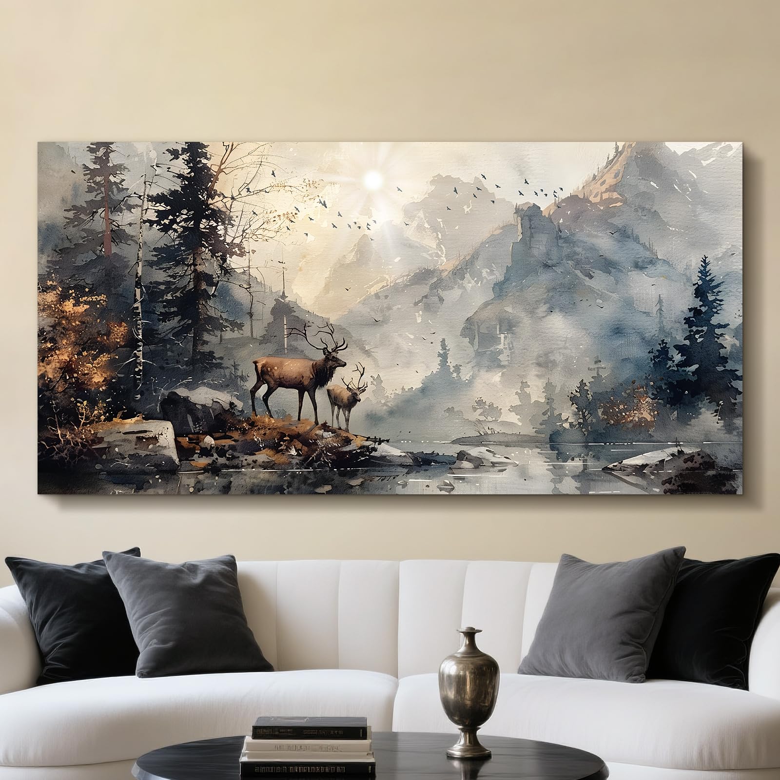 JHHUAMO Canvas Picture Large 73 x 146 cm XXL, Modern Living Room Decor Painting with Mountain View, Wall Decoration Bedroom Painting Desktop Bathroom Office Room Dining Room