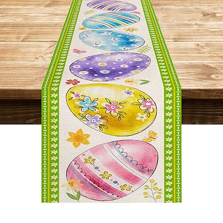 EDDERT Cute Easter Eggs Easter Table Runner, Seasonal Spring Holiday Kitchen Dining Table Runner for Home Party Decor 13 x 72 Inch