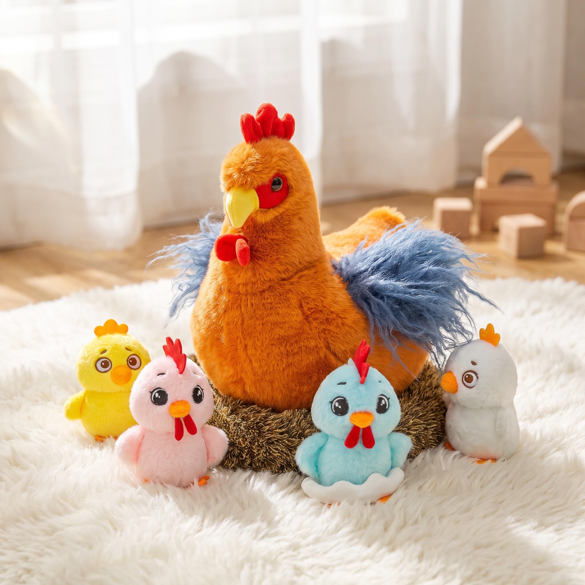 lilizzhoumax Interaktywna zabawka z kurczakiem mama z zamkiem błyskawicznym, zestaw pluszowy kurczak z 4 pisklętami, lalka zwierząt gospodarstwo rolne, prezent urodzinowy wielkanocny dla chłopców i