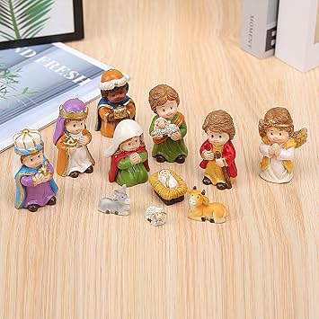 Nativity Scene Figurine Set - 12X Miniature Jesus Manger Display, Sacred Moment Religious Crib Ornament | Resin Christmas Nativity Statue for Church Catholic Decoration Indoor Tabletop Countertop Home