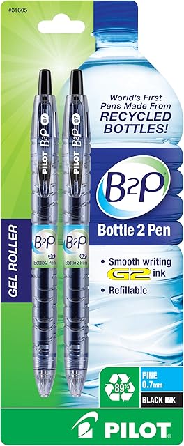 Pilot B2P - Bottle to Pen Refillable & Retractable Rolling Ball Gel Pen Made From Recycled Bottles, Fine Point, Black G2 Ink, 2-Pack (31605)