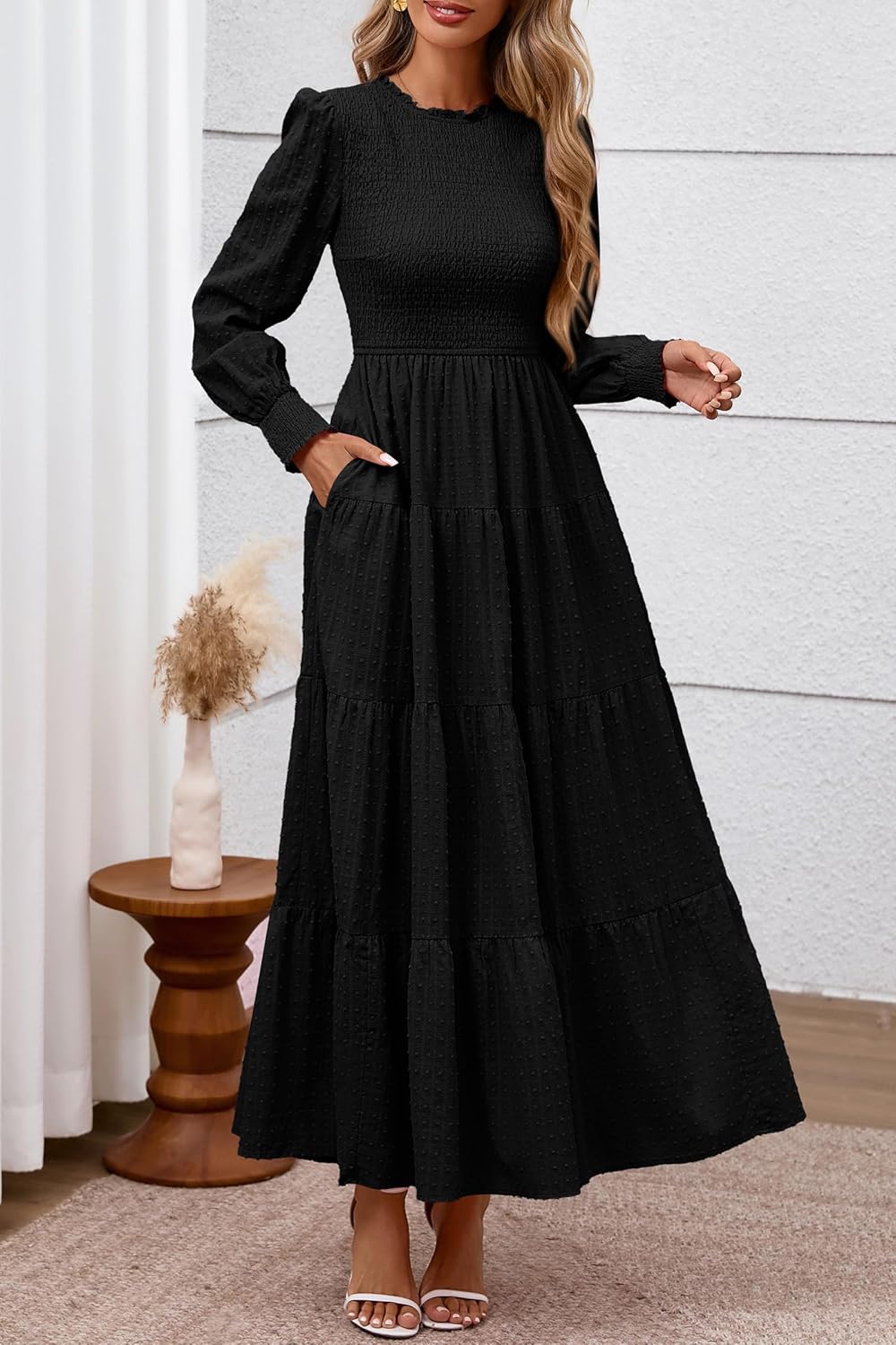 PRETTYGARDEN Women's Long Sleeve Spring Maxi Dresses 2026 Casual Smocked Trim Neck Swiss Dot Flowy Formal Wedding Guest Dress - Image 4