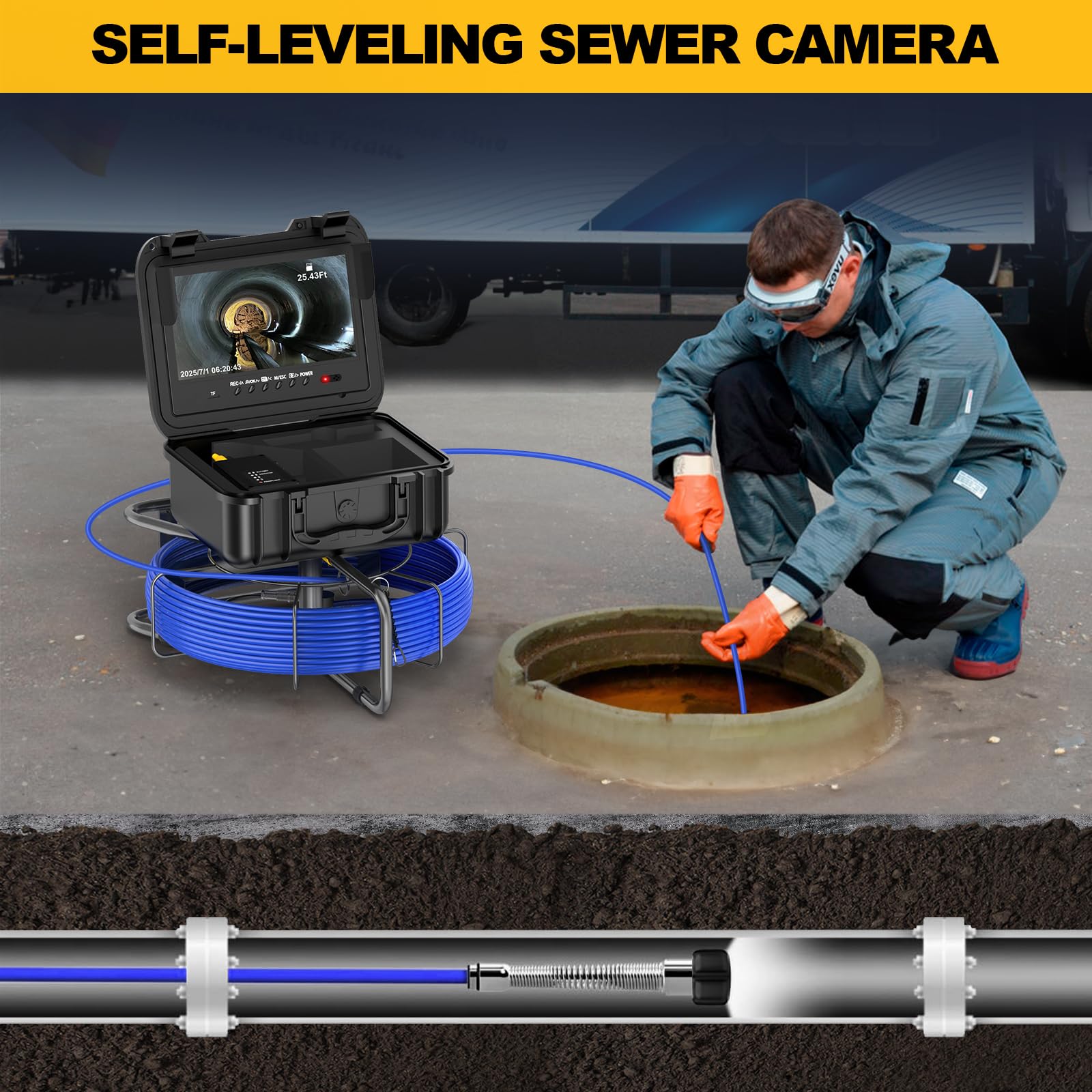 Anysun Cámara de alcantarillado de 100 pies, cámara de inspección de tuberías autonivelante con contador de distancia, cable de 0.28 pulgadas de diámetro, cámara de fontanería con pantalla IPS 1080P