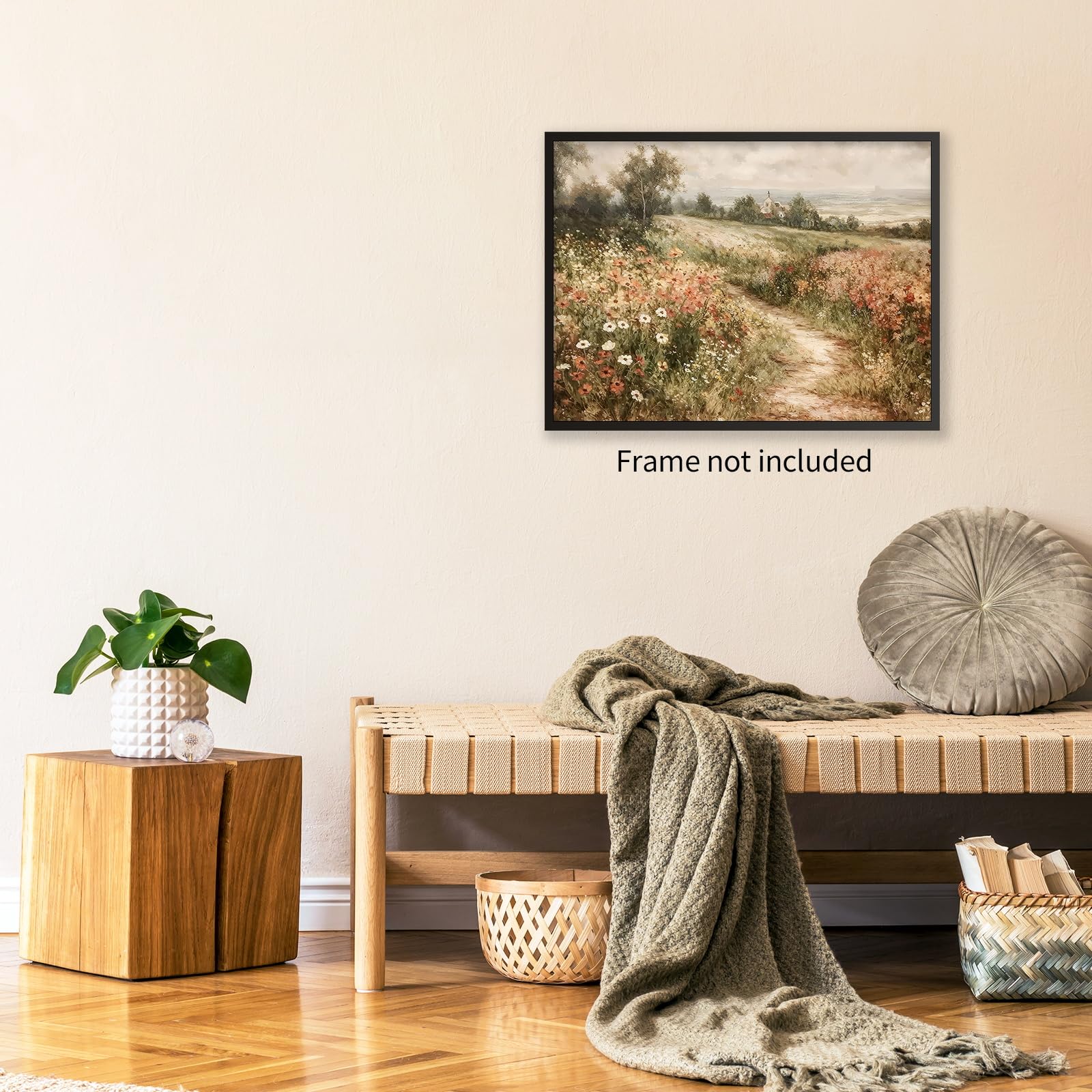 Abstract Wildflower Meadow Sunrise Wall Art Print - Vintage Rustic Landscape Poster 18x12 Inch