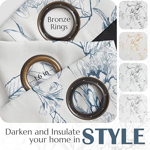 Miniatura 7 de jinchan Cortinas opacas florales azules para dormitorio de 63 pulgadas de largo, cortinas opacas con estampado de flores azules, con aislamiento