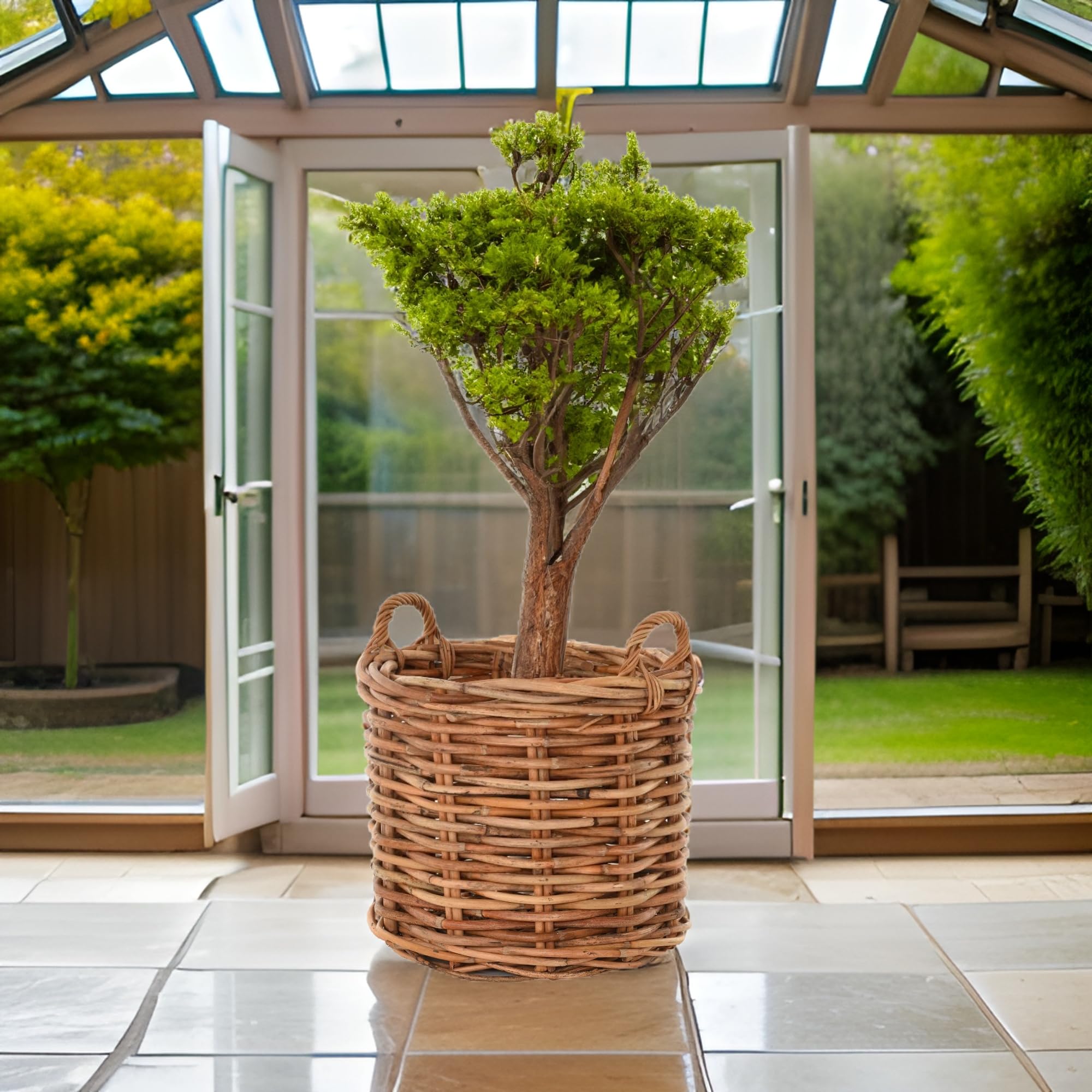 Grand panier à plantes en rotin naturel XXL avec poignées - Panier décoratif pour plantes de jardin (rond, moyen)