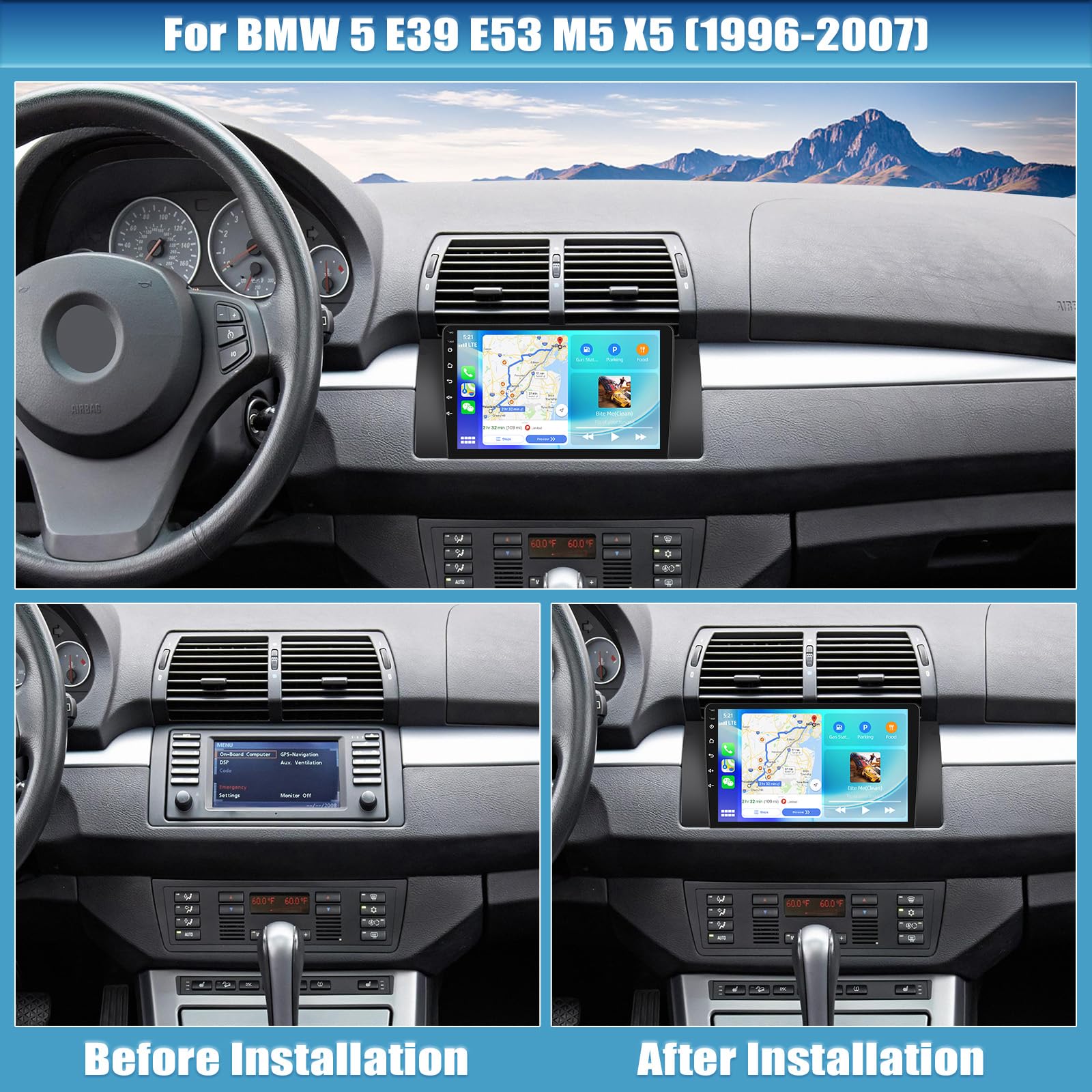 CAMECHO [8-rdzeniowy Snapdragon 4+64 GB] odtwarzacz samochodowy z Androidem 15 i bezprzewodowym CarPlay dla BMW 5 E39 E53 M5 X5 (1996–2007) nawigacja DSP 9-calowy ekran WiFi Android Auto RDS
