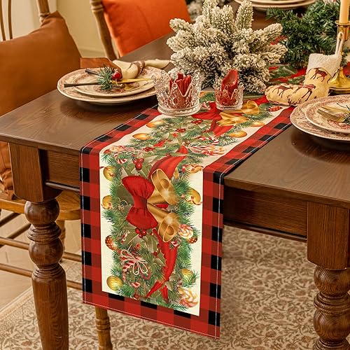 Miniatura 2 de Softalker Camino de mesa de lino navideño a cuadros – Campana de búfalo rojo para decoración de mesa de invierno de Navidad para comedor, fiestas,