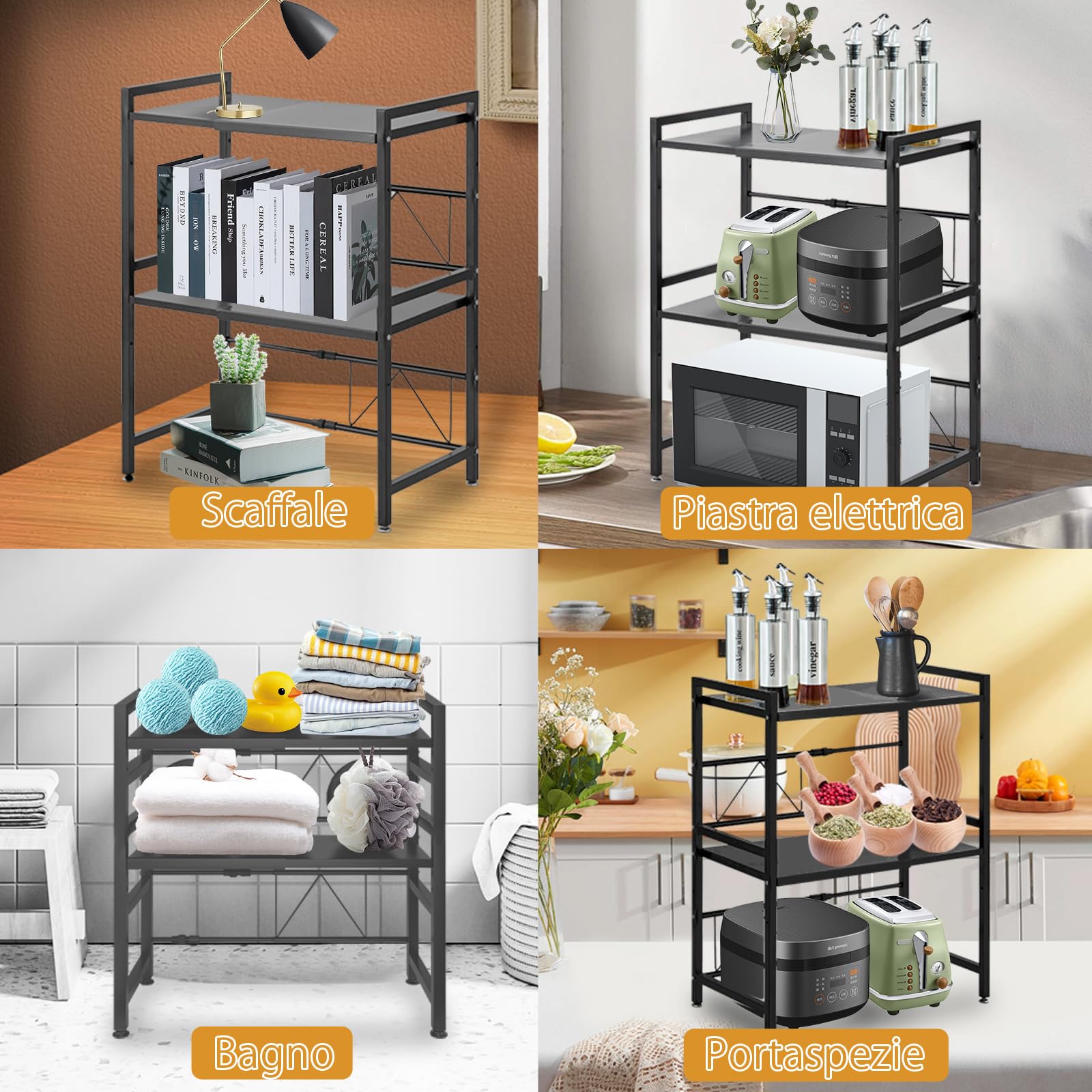 Scaffale per microonde a 2 strati, per tostapane, per cucina, larghezza telescopica 40-63 cm (ottimale entro 60 cm) con gancio mobile, portata 75 kg (nero)