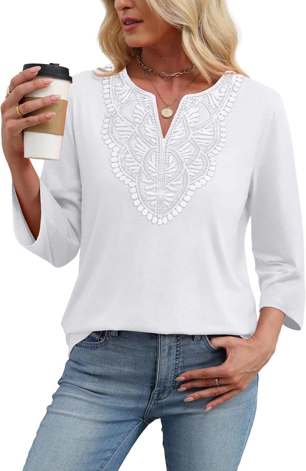 WIHOLL 3/4 Length Sleeve Womens Tops Boho V Neck Lace Shirt Trendy Blouses Dressy Casual Vacation Clothes S-3XL - Image 3