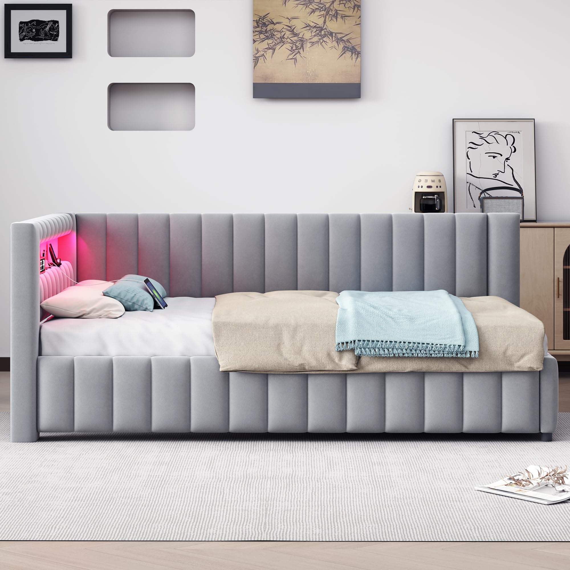 Kayan Polsterbett 140x200 mit LED und USB-Anschluss, Daybett Tagesbett Schlafsofa mit Lattenrost aus Holz, Sofabett Gästebett Jugendbett aus Samtstoff, Ohne Matratze (Grau)