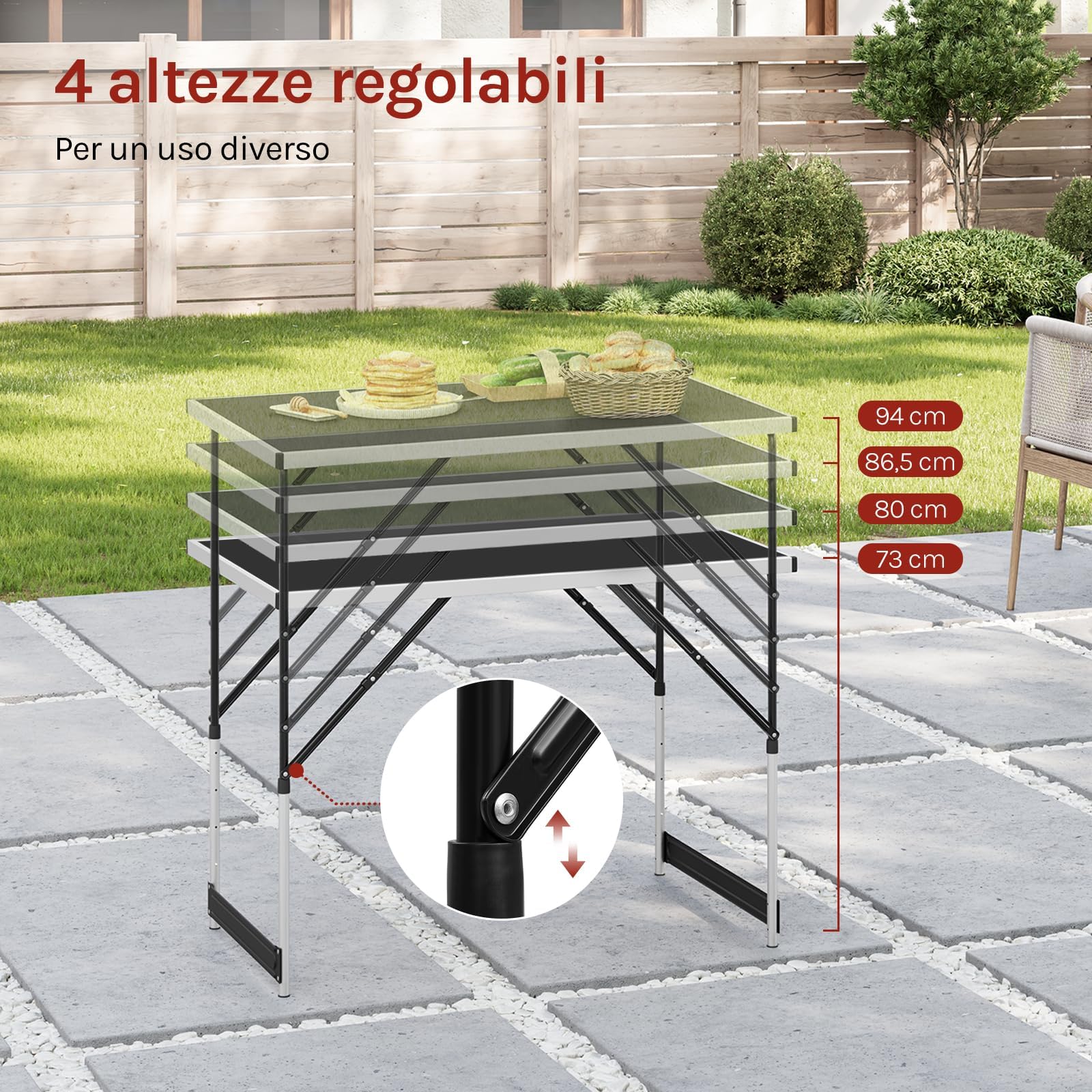 WOLTU Tavolo da Campeggio Picnic Giardino Pieghevole Portatile Altezza Regolabile in MDF Nero 100x60x73/94cm