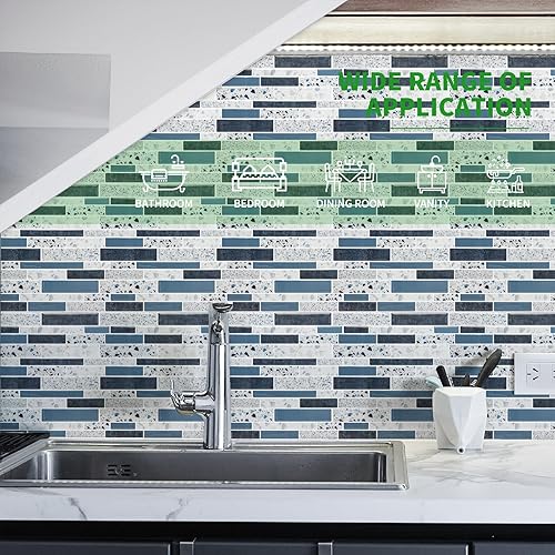 Miniatura 3 de LONGKING Azulejo de protección contra salpicaduras para cocina, azulejos adhesivos en la pared, baño (piedra azul)