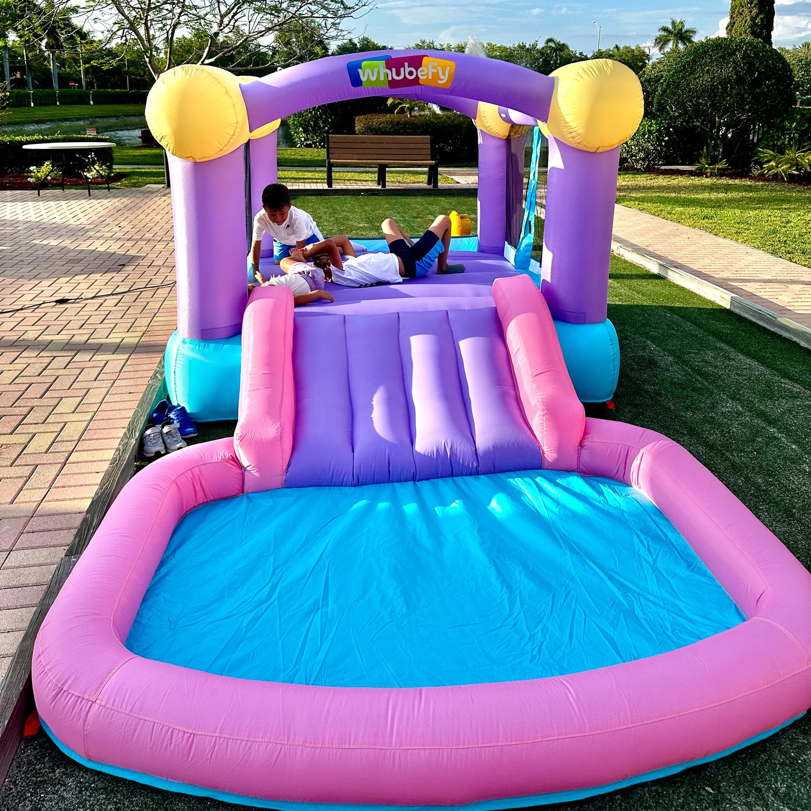 Whubefy Bounce House for Kids 3-6 with Ball Pit Pool & 50 Balls, 5-in-1 Inflatable Bouncy Castle with ETL Certified Blower, Slide, Dart Board with 6 Sticky Balls, Basketball Hoop & Storage Bag