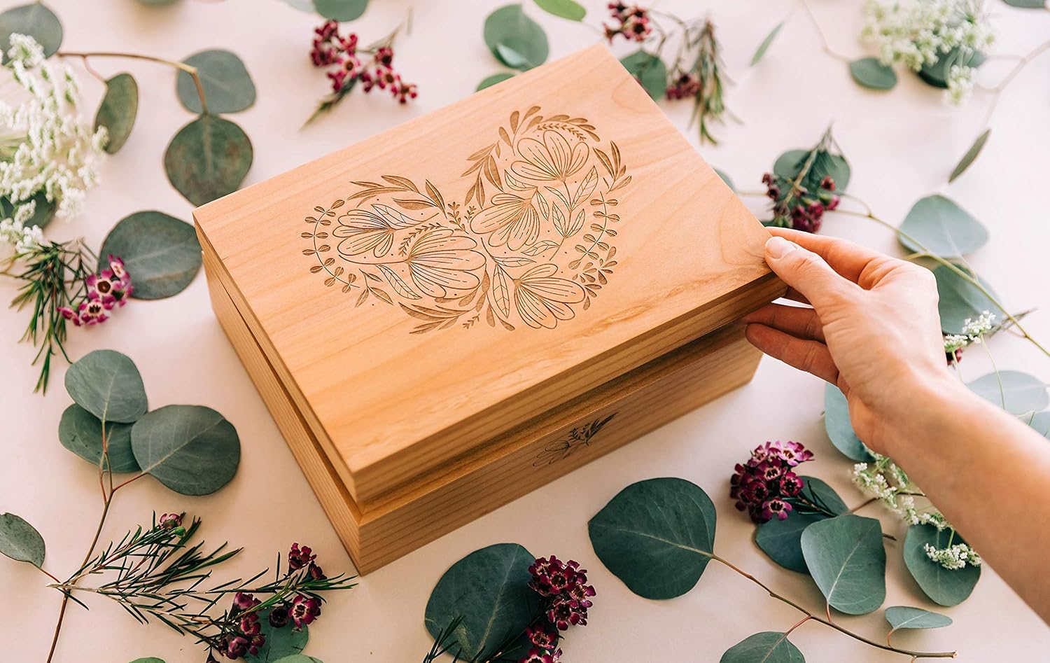 Woodblock Heart Wood Keepsake Box [Personalized Custom Gifts, Anniversary, Wedding, Baby, Memory]
