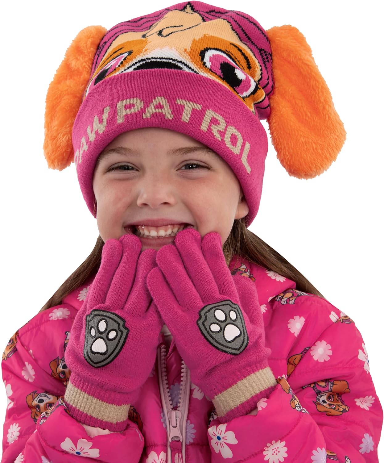 Paw Patrol Girls Hat And Gloves, Skye Kids Hat And Kids Winter Gloves Set With 3D Ears, Pink, One Size - Image 3