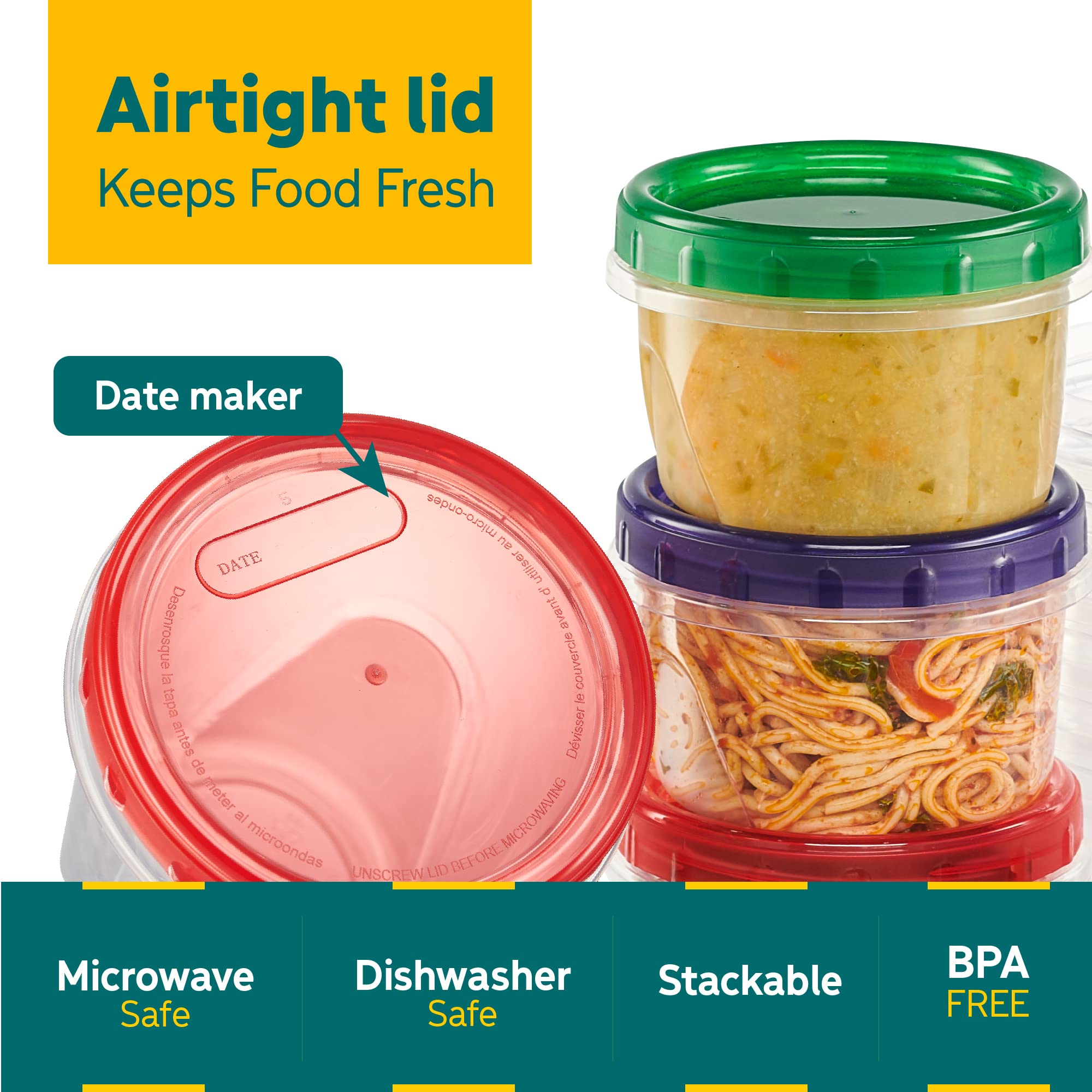 ELEGANT DISPOSABLES Twist Top Pojemniki do przechowywania żywności 470 ml 12 opakowań Plastikowe pojemniki do przechowywania Zamrażarki Szczelne Wielokrotnego Użytku z Przykręcanymi Kolorowymi