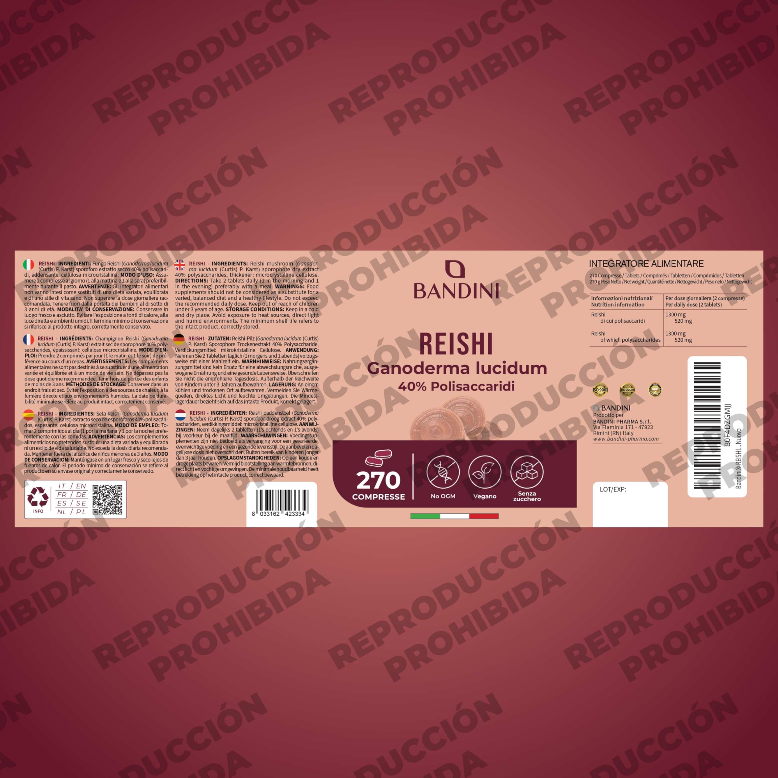 Bandini® Reishi hongo 270 comprimidos | Equivalentes de 16.900 mg (13:1) | 40% de polisacáridos | Extracto de Ganoderma Lucidum | Para +4 meses | Complemento alimenticio puro 100% Vegano y Natural