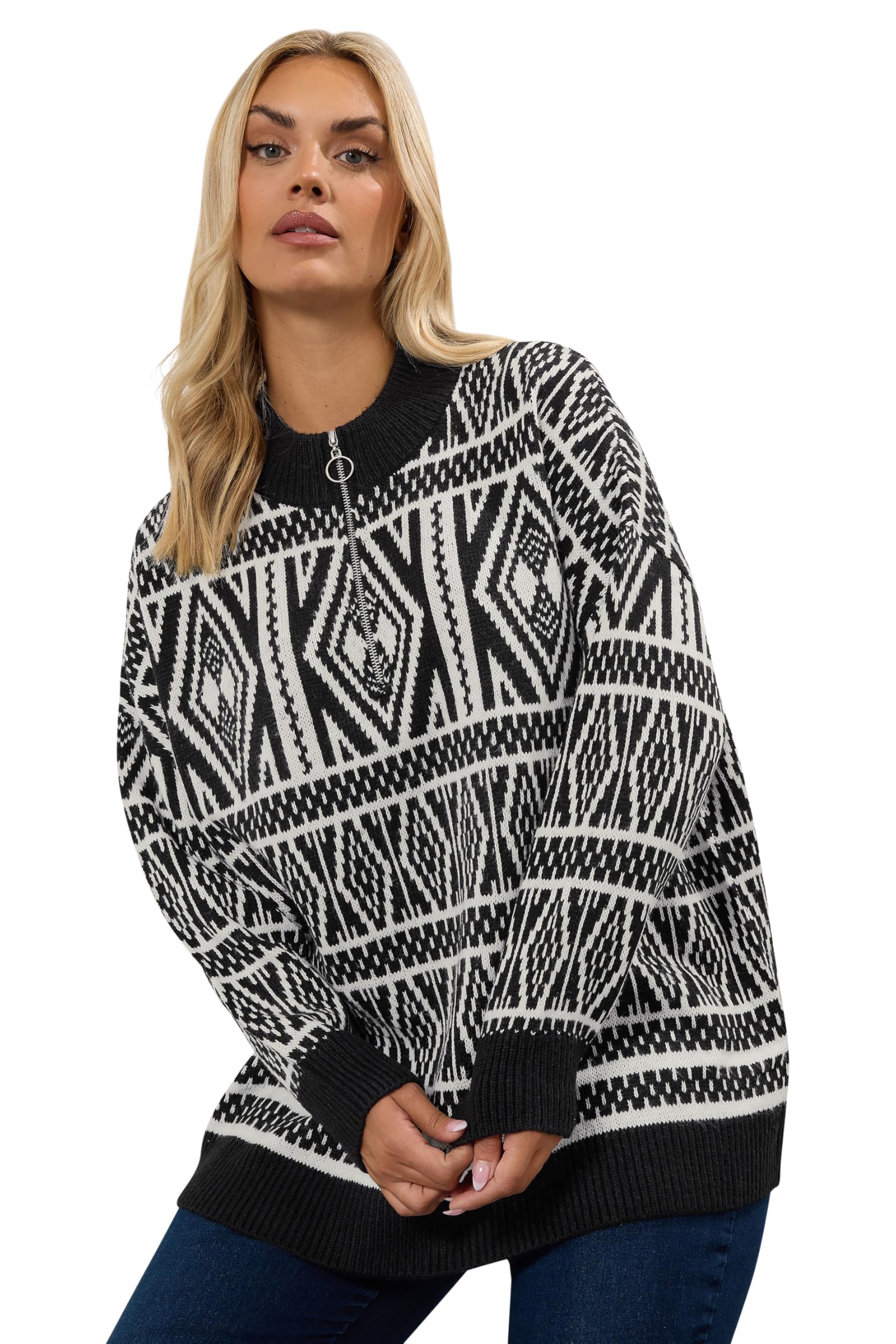 Yours Curve Fairisle Quarter Zip Jumper - Women's - Plus Size Curve Black
