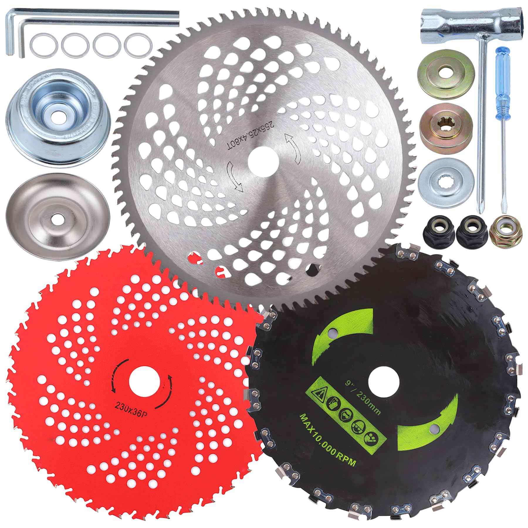 Cuchillas con punta de carburo de 9 x 36 dientes de 9 pulgadas x 20T, cortador de dientes de motosierra de 10 pulgadas x 80T con kit adaptador universal, cabezal de corte de acero inoxidable de alta