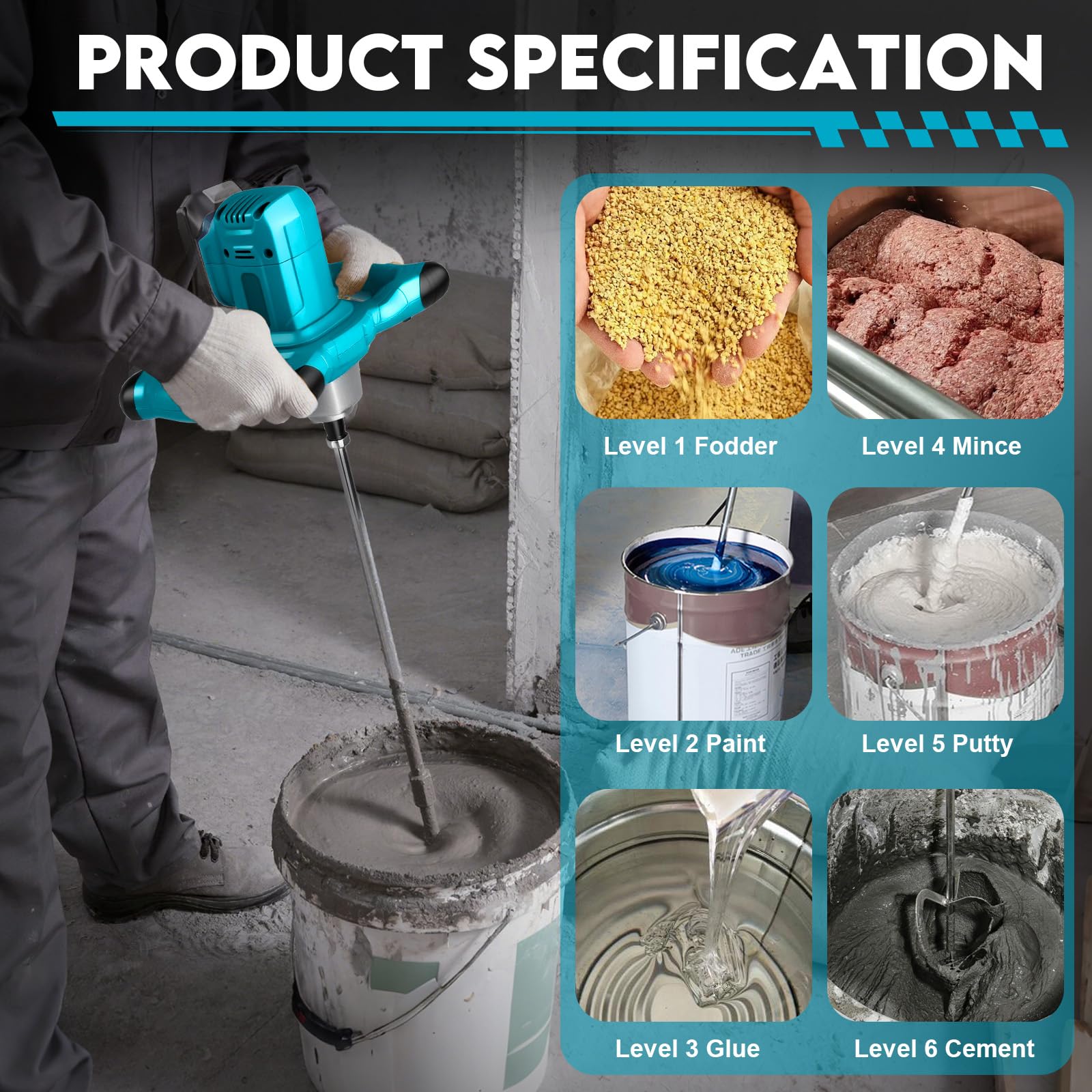 Miscelatore Elettrico per Makita 18V Batteria, 6 velocità, max 800 giri/min Betoniera Elettrica per Trapano da 2100W, per Miscelazione di Vernice, Liquame di Cemento, Calcestruzzo, Malta, Foraggio