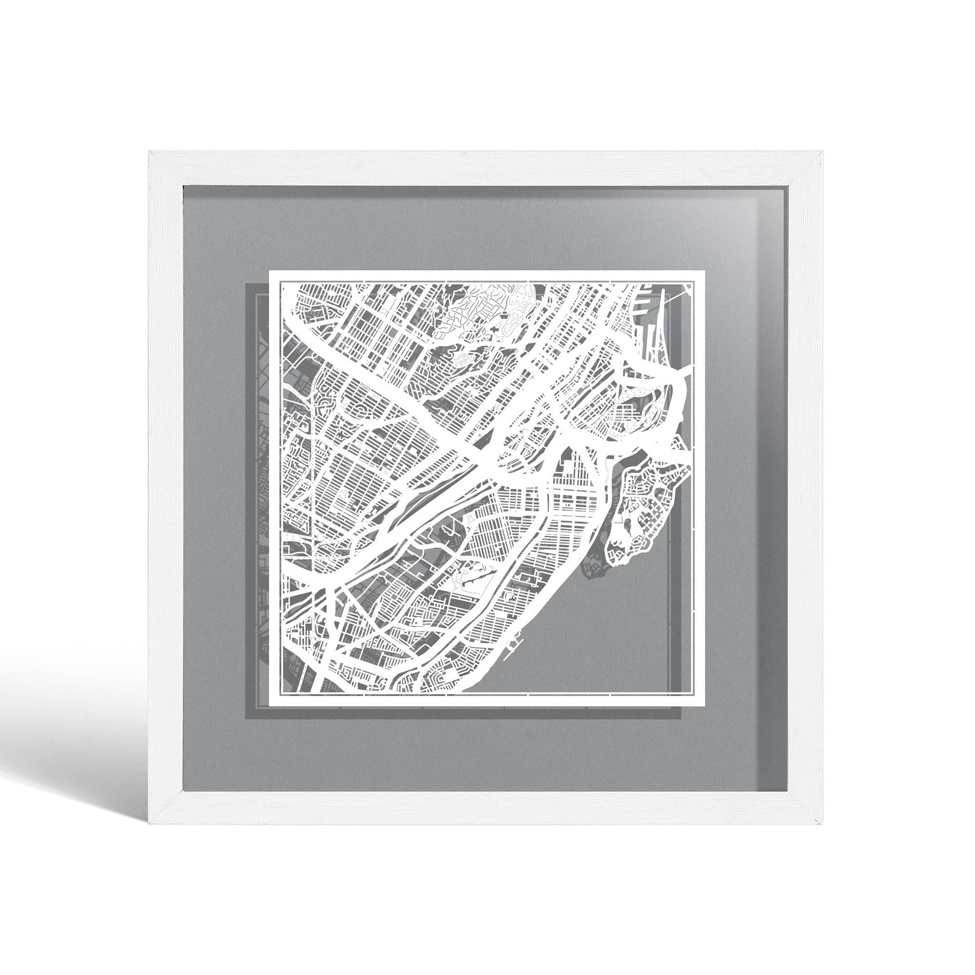O3 DESIGN STUDIO Montreal Paper Cut Map framed, White map, White frame, 9x9 inches, Gift Boxed, 4 background color, self-changing, Paper Art