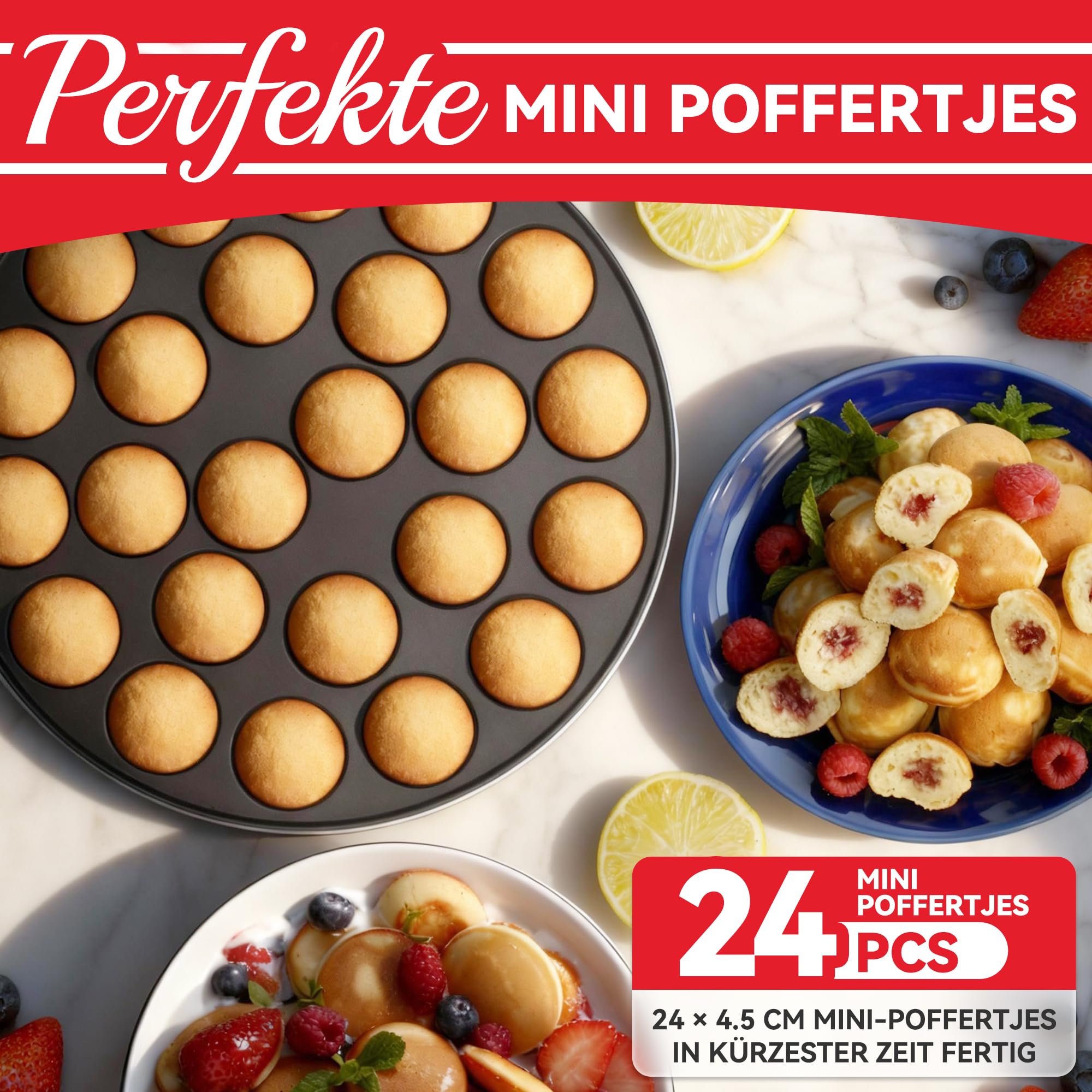 SugarWhisk 24-Fach Mini-Pfannkuchen-Maschine, Elektrische Aebleskiver- und Poffertjes-Herstellungspfanne, Dänische Pfannkuchen-Maschine, Cake-Pop-Hersteller, Holländische Pfannkuchen-Maschine, weiß