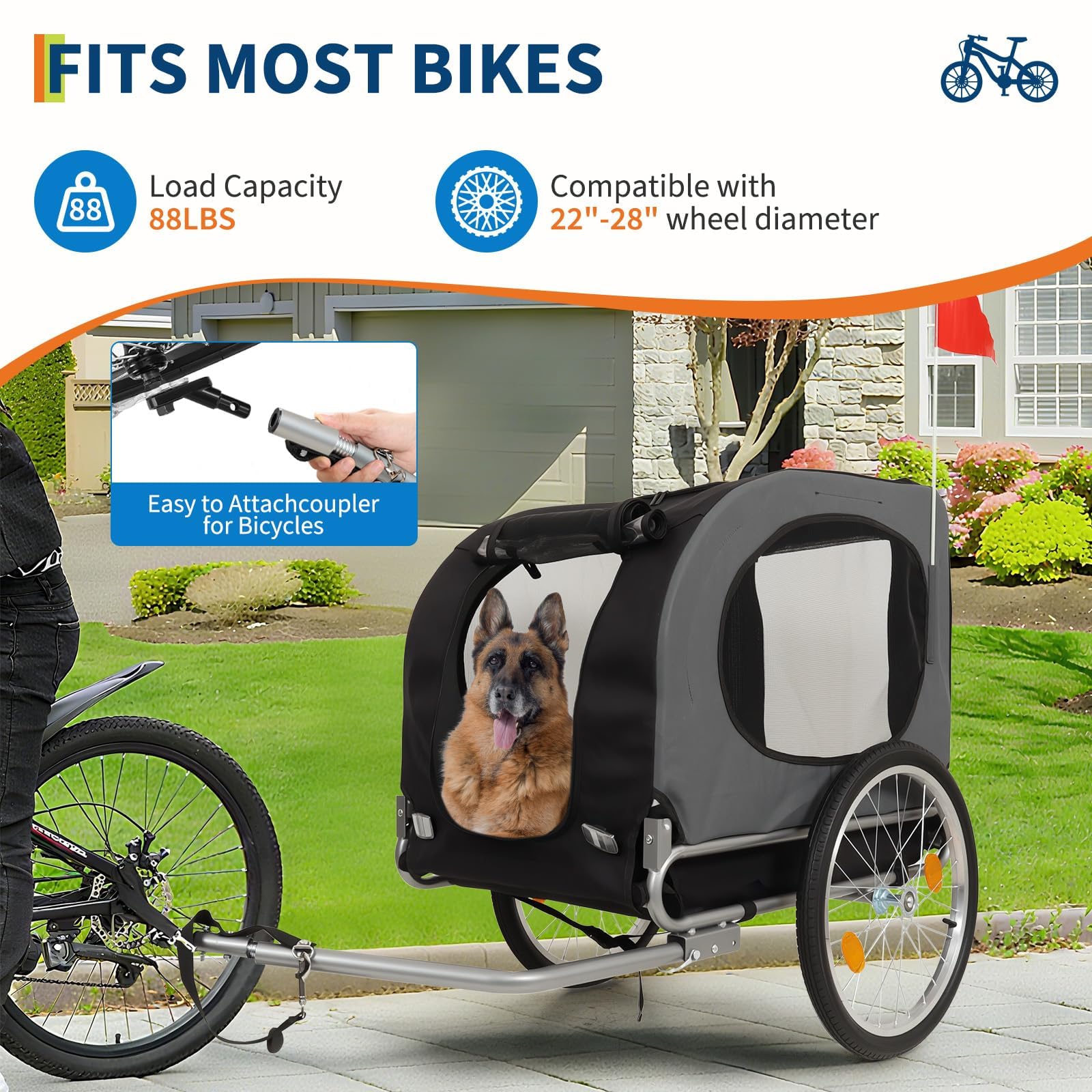 Remolques grandes para perros – Capacidad de 40 kg – Portabicicletas para mascotas – Tejido Oxford plegable, cierre universal – Diseño plegable, alfombra antideslizante y bandera de seguridad