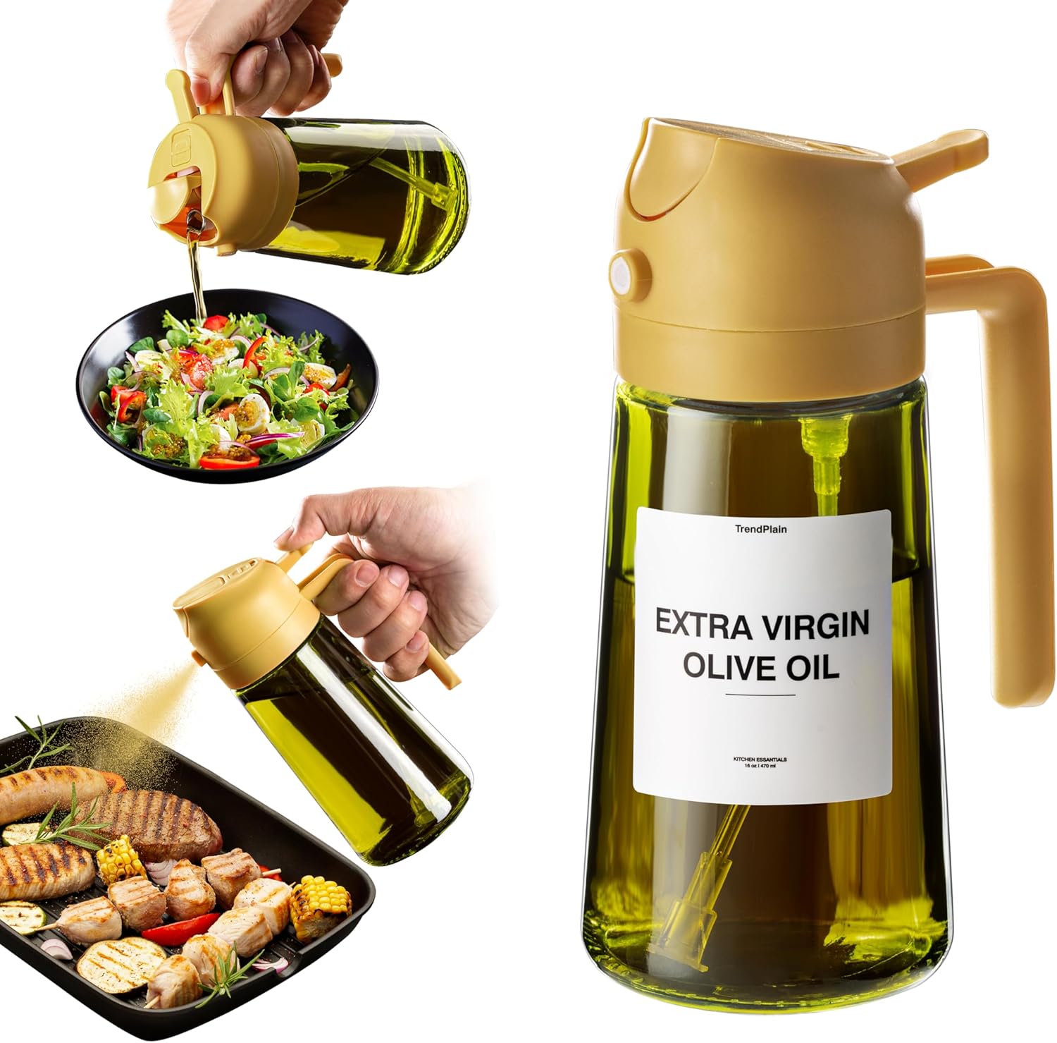 TrendPlain - Original 16oz/470ml Olive Oil Dispenser Bottle for Kitchen Gadgets and Air Fryer Accessories - Olive Oil Sprayer for Cooking w/Stickers (Light Blockage) - Yellow 1 Pack Yellow